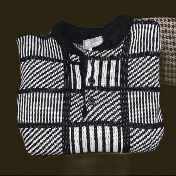 vintage 80s 90s eaton knit sweater stripe‎ checkered patchwork nylon wool blend - Picture 3 of 8